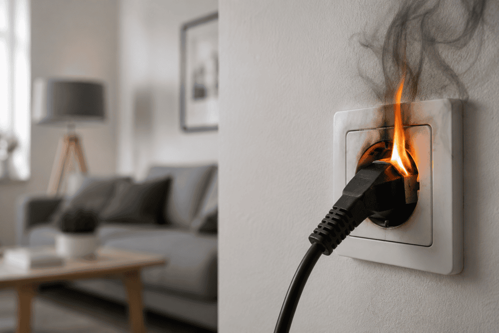 Elektromos konnektor túlmelegedése, amely az elektromos tűzesetek egyik lehetséges oka.