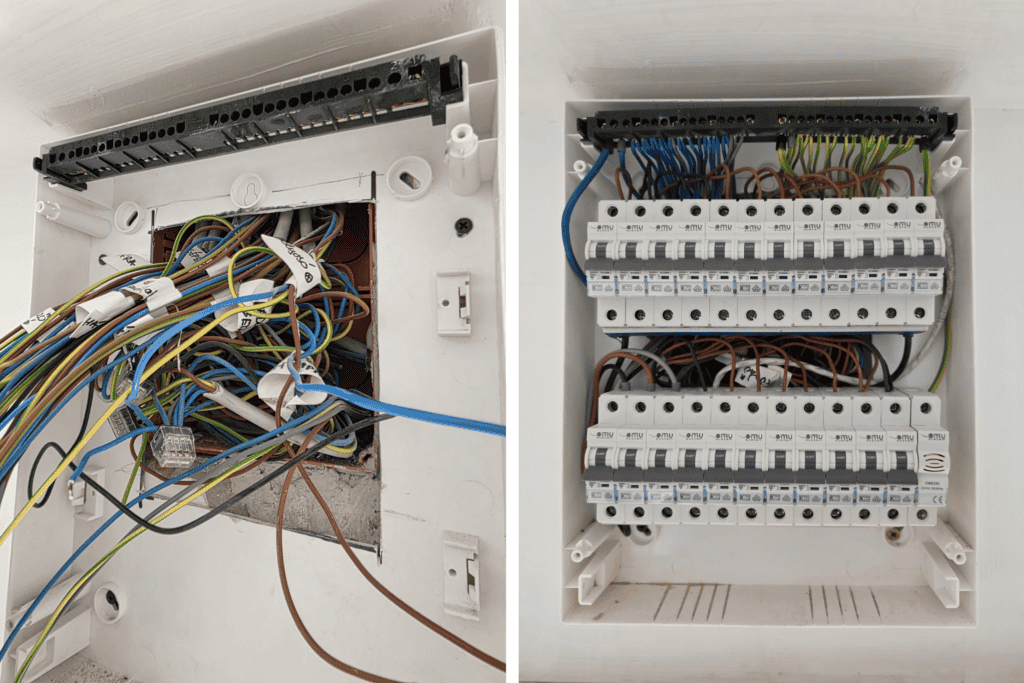 Lakáselosztó csere előtt és után, rendezett elektromos elosztó
