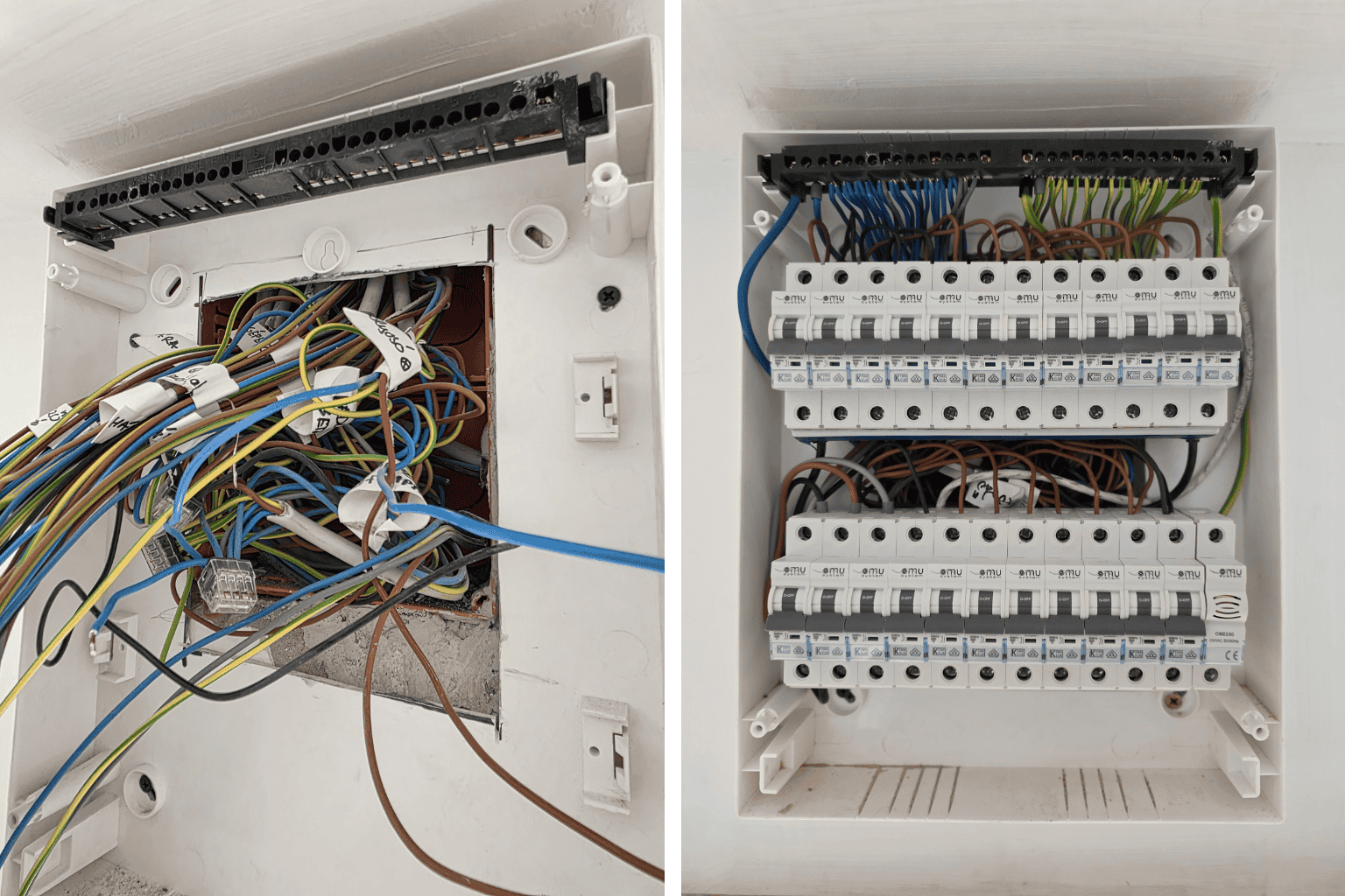 Lakáselosztó csere előtt és után, rendezett elektromos elosztó